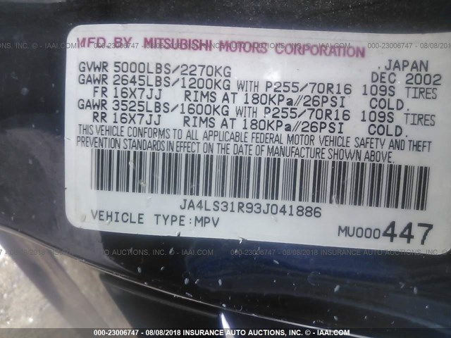 JA4LS31R93J041886 - 2003 MITSUBISHI MONTERO SPORT XLS Dark Blue photo 9