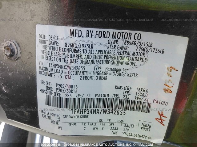 1FAHP34NX7W342655 - 2007 FORD FOCUS ZX4/S/SE/SES 灰色 照片 9