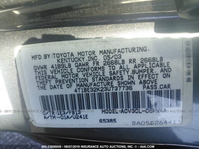 4T1BE32K23U737736 - 2003 TOYOTA CAMRY LE/XLE/SE 灰色 照片 9