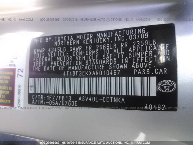 4T4BF3EKXAR010467 - 2010 TOYOTA CAMRY SE/LE/XLE ვერცხლისფერი ფოტო 9