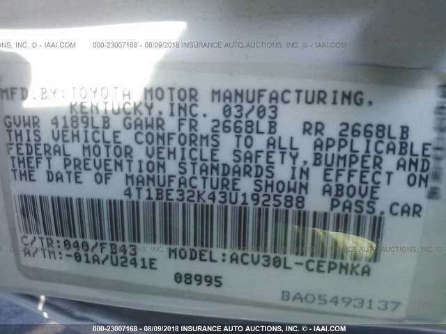 4T1BE32K43U192588 - 2003 TOYOTA CAMRY LE/XLE/SE Ақ фото 9