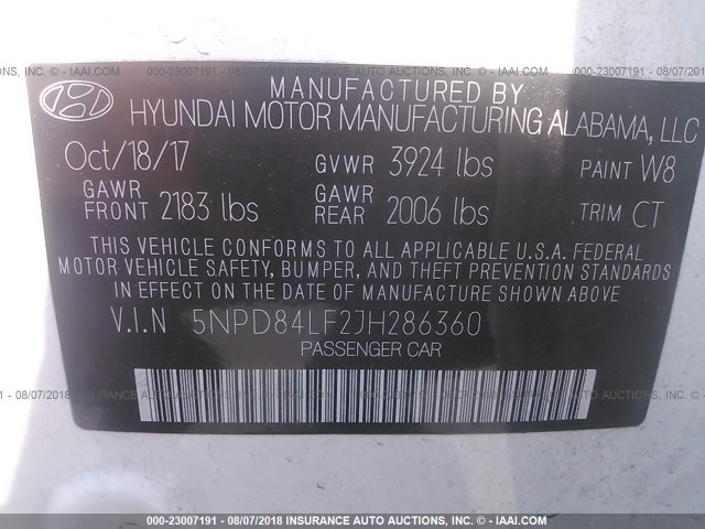 5NPD84LF2JH286360 - 2018 HYUNDAI ELANTRA SEL/VALUE/LIMITED WHITE photo 9