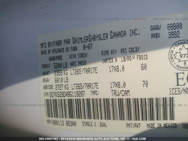 3D7KS28DX8G119287 - 2008 DODGE RAM 2500 ST/SLT 白色 照片 9