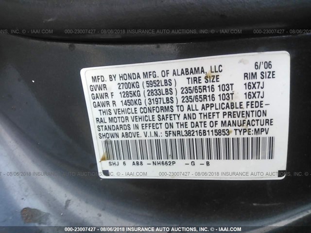 5FNRL38216B115853 - 2006 HONDA ODYSSEY LX GRAY photo 9