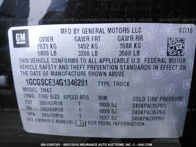 1GCGSCE34G1346201 - 2016 CHEVROLET COLORADO LT BLACK photo 9