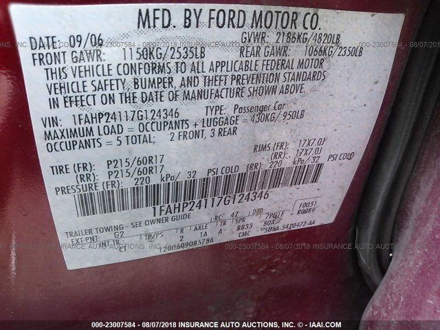 1FAHP24117G124346 - 2007 FORD FIVE HUNDRED SEL RED photo 9