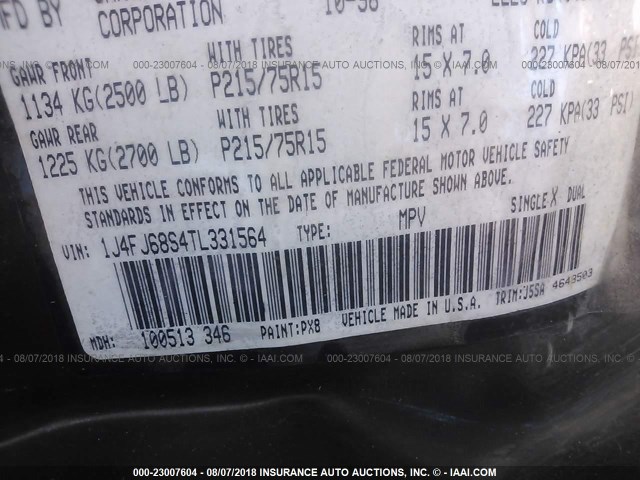 1J4FJ68S4TL331564 - 1996 JEEP CHEROKEE SPORT/CLASSIC Czarny zdjęcie 9