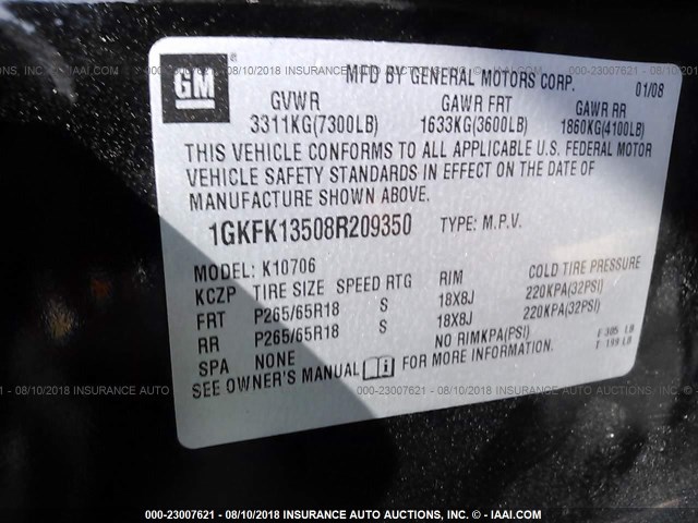 1GKFK13508R209350 - 2008 GMC YUKON HYBRID BLACK photo 9