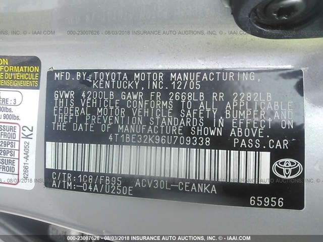 4T1BE32K96U709338 - 2006 TOYOTA CAMRY LE/XLE/SE Күміс фото 9