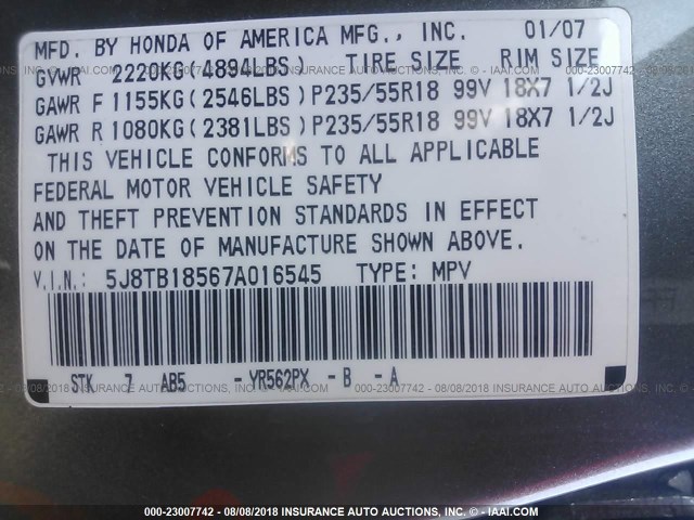 5J8TB18567A016545 - 2007 ACURA RDX TECHNOLOGY GRAY photo 9