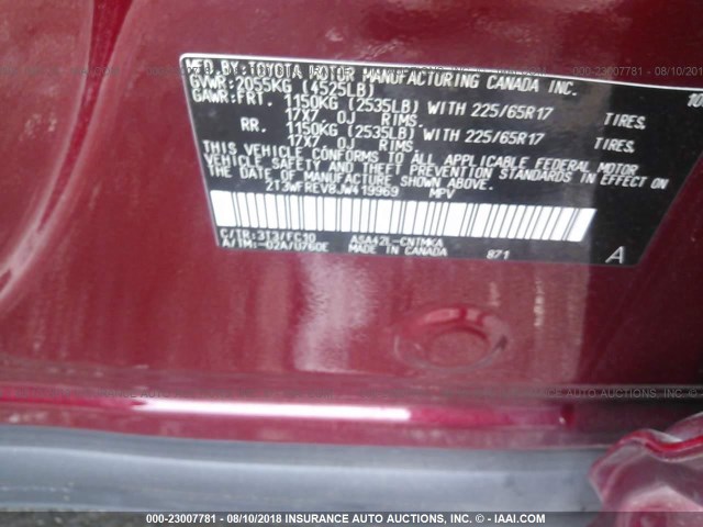 2T3WFREV8JW419969 - 2018 TOYOTA RAV4 ADVENTURE/XLE 红色 照片 9