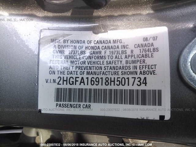 2HGFA16918H501734 - 2008 HONDA CIVIC EXL 灰色 照片 9