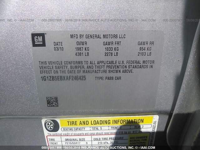 1G1ZB5EBXAF246425 - 2010 CHEVROLET MALIBU LS Gümüş foto 9