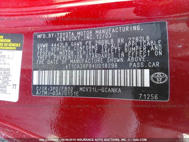 4T1CA38P84U018298 - 2004 TOYOTA CAMRY SOLARA SE/SLE Qırmızı foto 9