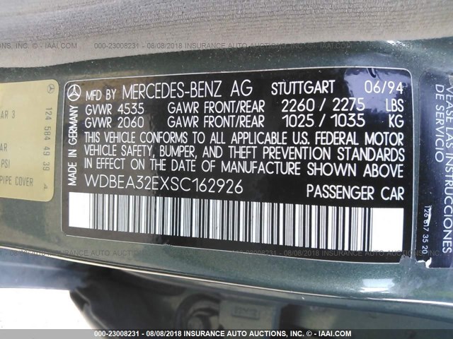 WDBEA32EXSC162926 - 1995 MERCEDES-BENZ E 320 BASE/320 SPECIAL GREEN photo 9