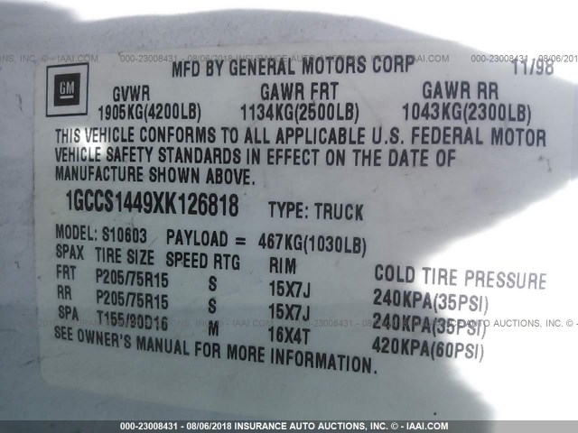 1GCCS1449XK126818 - 1999 CHEVROLET S TRUCK S10 WHITE photo 9