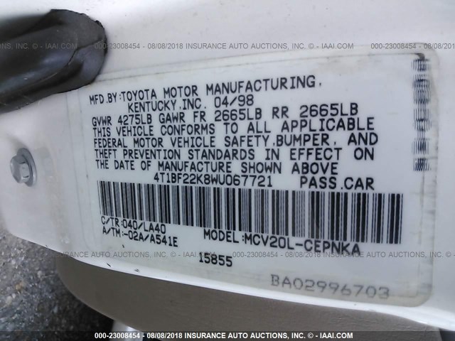 4T1BF22K8WU067721 - 1998 TOYOTA CAMRY CE/LE/XLE WHITE photo 9