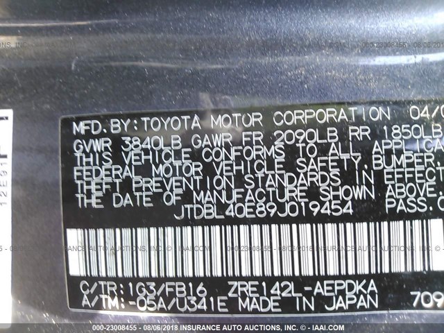 JTDBL40E89J019454 - 2009 TOYOTA COROLLA LE/XLE GRAY photo 9
