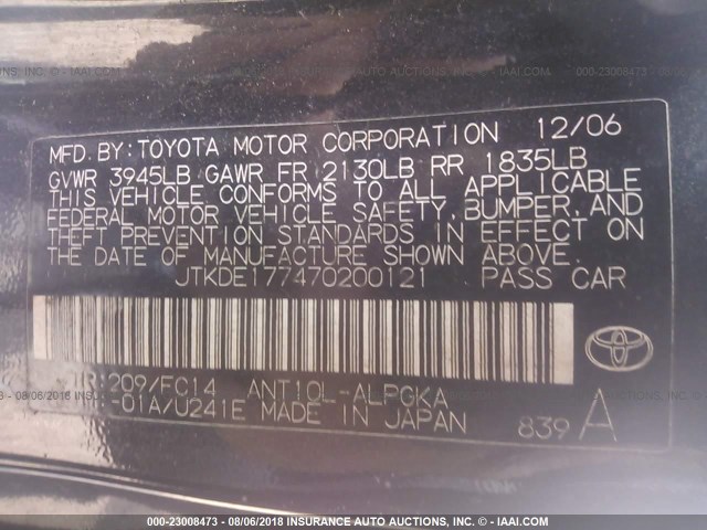 JTKDE177470200121 - 2007 TOYOTA SCION TC 黑色 照片 9