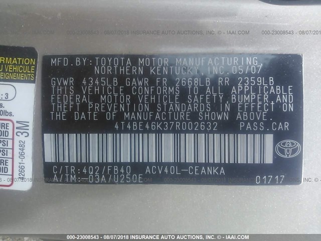 4T4BE46K37R002632 - 2007 TOYOTA CAMRY NEW GENERAT CE/LE/XLE/SE GOLD photo 9