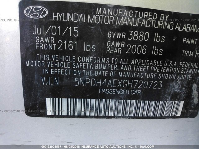 5NPDH4AEXGH720723 - 2016 HYUNDAI ELANTRA SE/SPORT/LIMITED SILVER photo 9