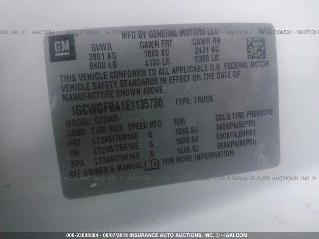1GCWGFBA1E1135780 - 2014 CHEVROLET EXPRESS G2500  WHITE photo 9