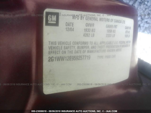 2G1WW12E959257719 - 2005 CHEVROLET MONTE CARLO LS BURGUNDY photo 9