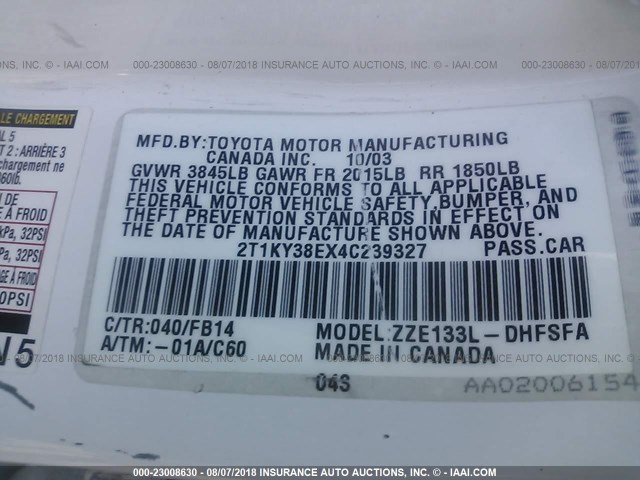 2T1KY38EX4C239327 - 2004 TOYOTA COROLLA MATRIX XRS WHITE photo 9