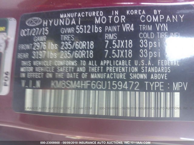 KM8SM4HF6GU159472 - 2016 HYUNDAI SANTA FE SE RED photo 9