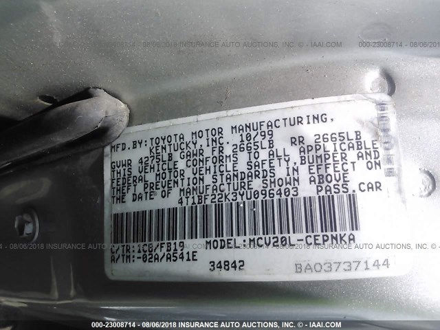 4T1BF22K3YU096403 - 2000 TOYOTA CAMRY LE/XLE SILVER photo 9