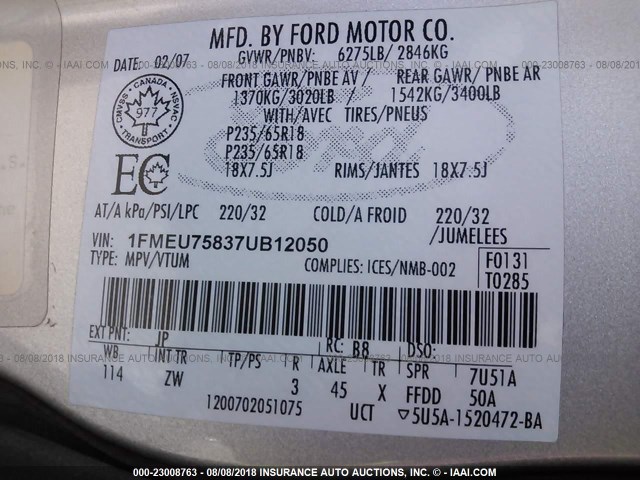 1FMEU75837UB12050 - 2007 FORD EXPLORER LIMITED SILVER photo 9