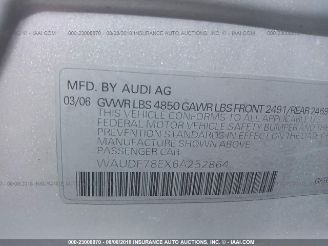 WAUDF78EX6A252864 - 2006 AUDI A4 2.0T QUATTRO SILVER photo 9