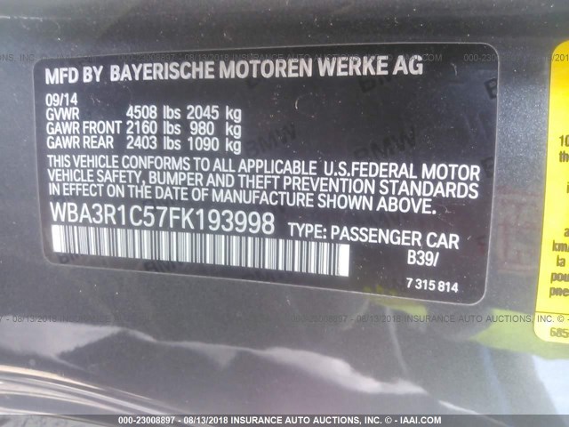 WBA3R1C57FK193998 - 2015 BMW 435 I GRAY photo 9