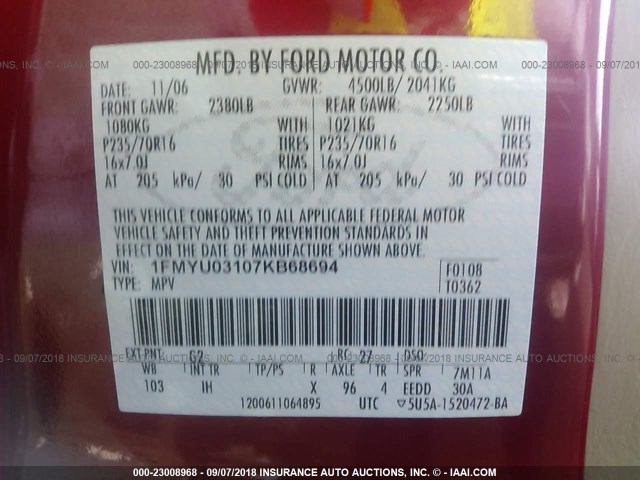 1FMYU03107KB68694 - 2007 FORD ESCAPE XLT RED photo 9
