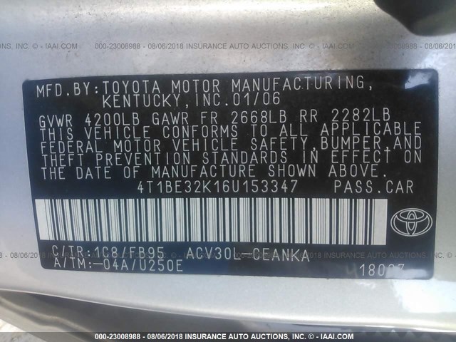 4T1BE32K16U153347 - 2006 TOYOTA CAMRY LE/XLE/SE GRAY photo 9