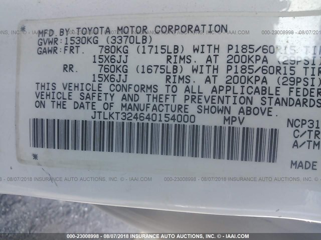 JTLKT324640154000 - 2004 TOYOTA SCION XB WHITE photo 9