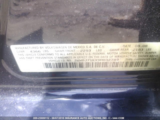 3VWBJ71KX9M032749 - 2009 VOLKSWAGEN GLI შავი ფოტო 9