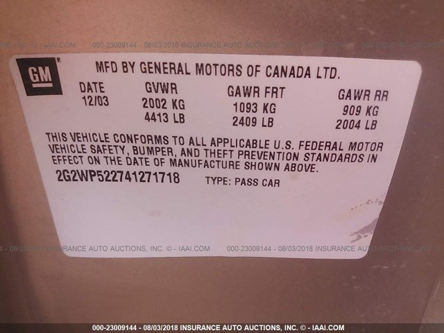 2G2WP522741271718 - 2004 PONTIAC GRAND PRIX GT GOLD photo 9