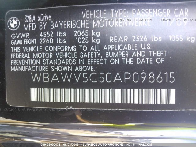 WBAWV5C50AP098615 - 2010 BMW 328 XI SULEV BLACK photo 9