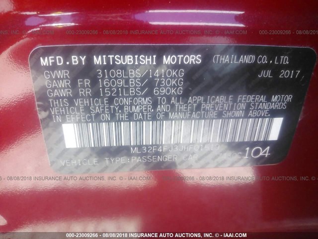 ML32F4FJ3JHF01519 - 2018 MITSUBISHI MIRAGE G4 SE RED photo 9