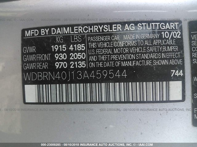 WDBRN40J13A459544 - 2003 MERCEDES-BENZ C 230K SPORT COUPE SILVER photo 9