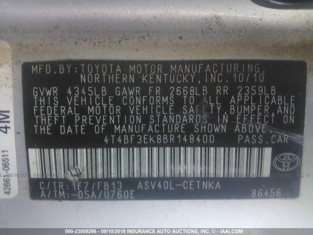 4T4BF3EK8BR148400 - 2011 TOYOTA CAMRY SE/LE/XLE SILVER photo 9