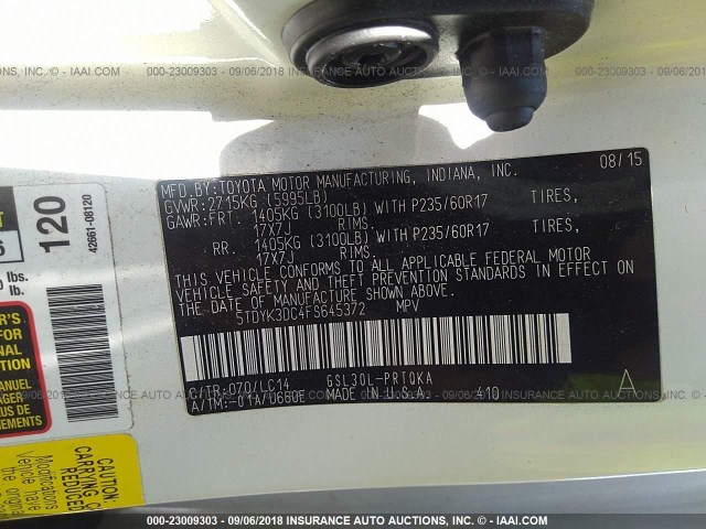 5TDYK3DC4FS645372 - 2015 TOYOTA SIENNA XLE/LIMITED WHITE photo 9