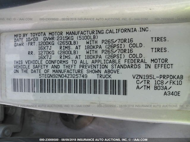 5TEGN92N04Z325749 - 2004 TOYOTA TACOMA DOUBLE CAB PRERUNNER GRAY photo 9