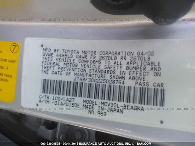 JTHBF30G225028764 - 2002 LEXUS ES 300 SILVER photo 9