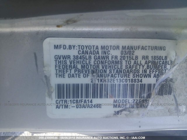 2T1KR32E13C018834 - 2003 TOYOTA COROLLA MATRIX XR SILVER photo 9