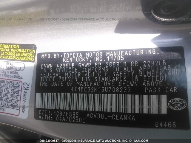 4T1BE32K16U708233 - 2006 TOYOTA CAMRY LE/XLE/SE Boz foto 9