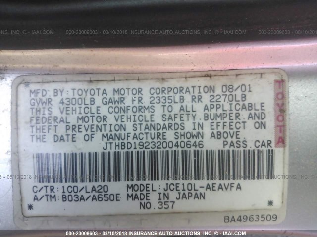 JTHBD192320040646 - 2002 LEXUS IS 300 SILVER photo 9