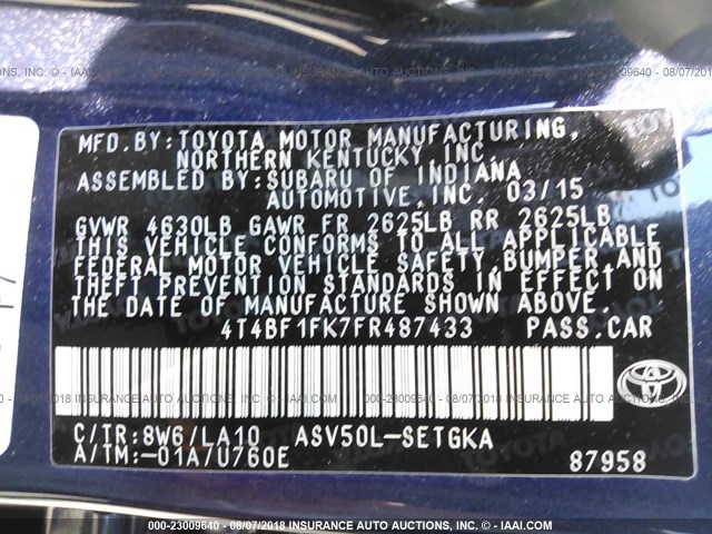 4T4BF1FK7FR487433 - 2015 TOYOTA CAMRY LE/XLE/SE/XSE 蓝色 照片 9