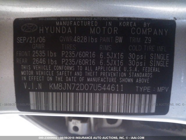 KM8JN72D07U544611 - 2007 HYUNDAI TUCSON SE/LIMITED SILVER photo 9